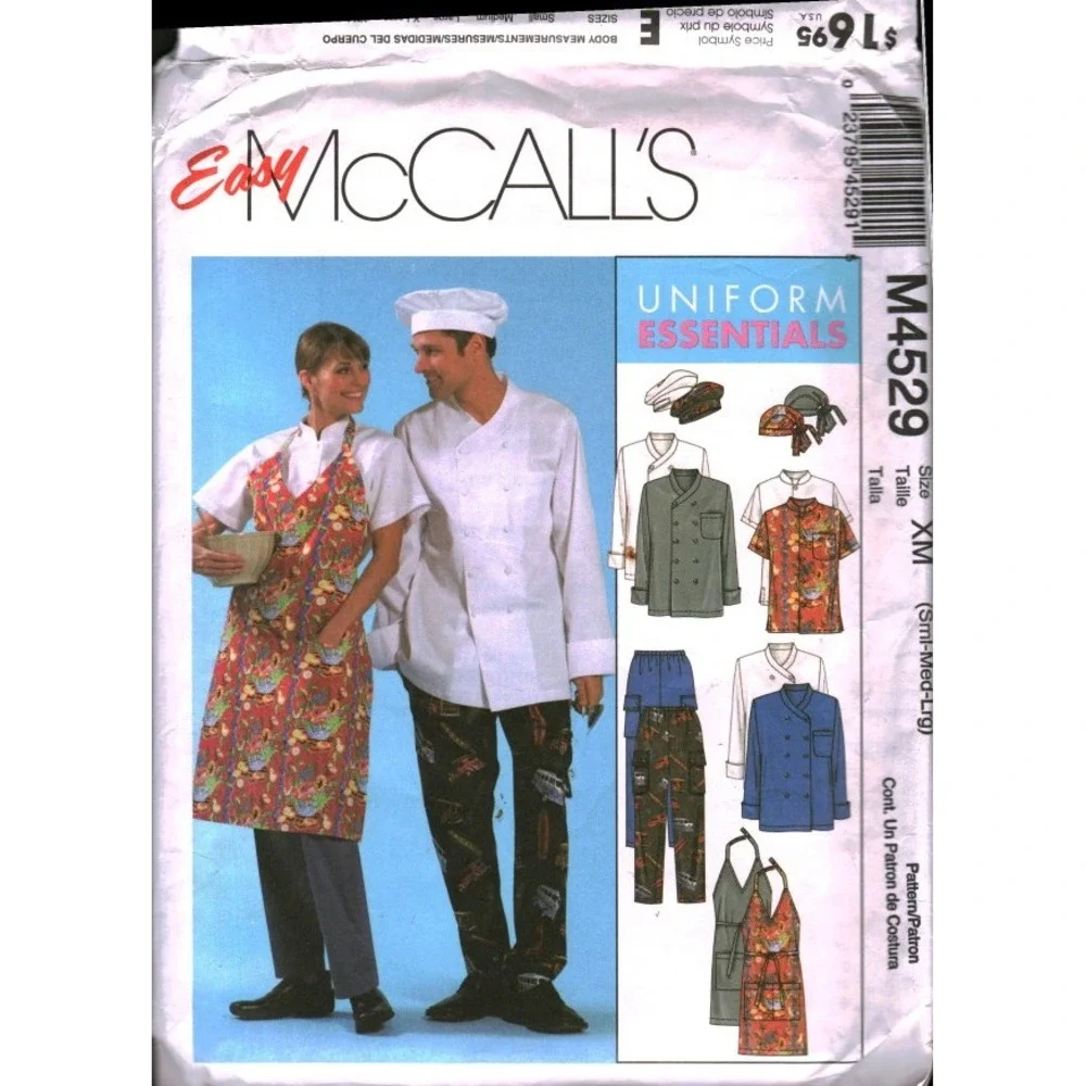 McCalls M4529 Chef Uniform Sewing Pattern Jacket Shirt Apron Hat Pants Size XM